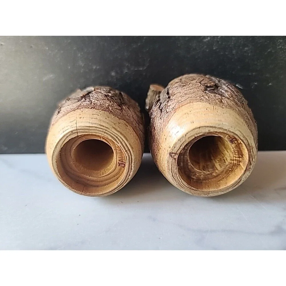 Vintage Wooden Barrel Shaped Tree Bark Salt And Pepper Shakers